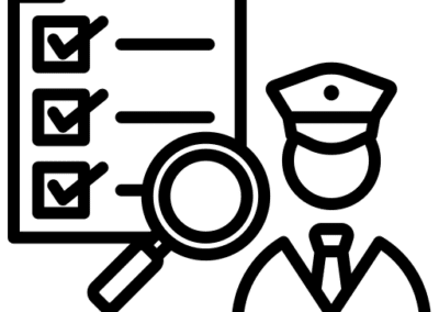 Icon für Zollabfertigung, Papier mit Lupe und Beamter